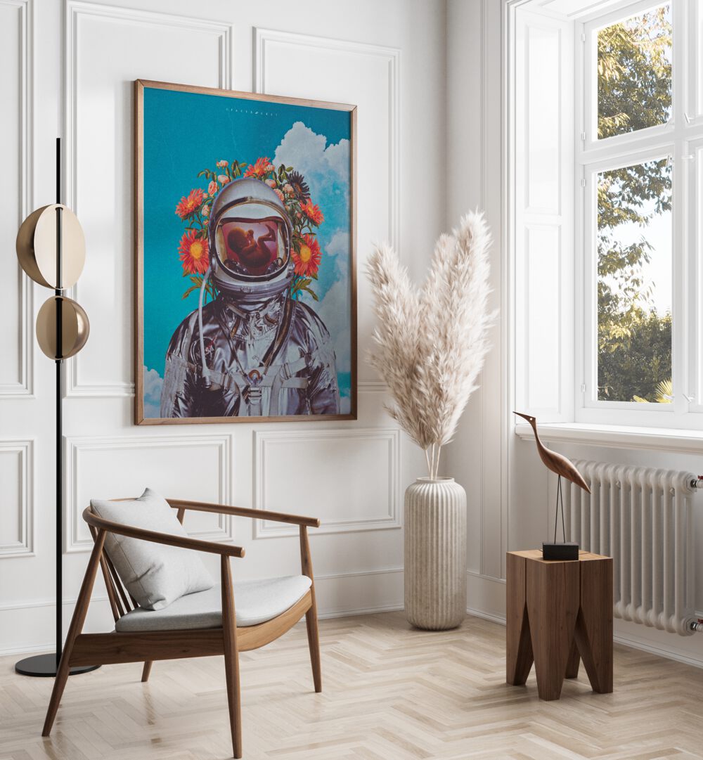 Whimsical ASTRONAUT BABY , SURREAL ART PRINTS brighten your space with imaginative surrealism by Space Rocket Art.