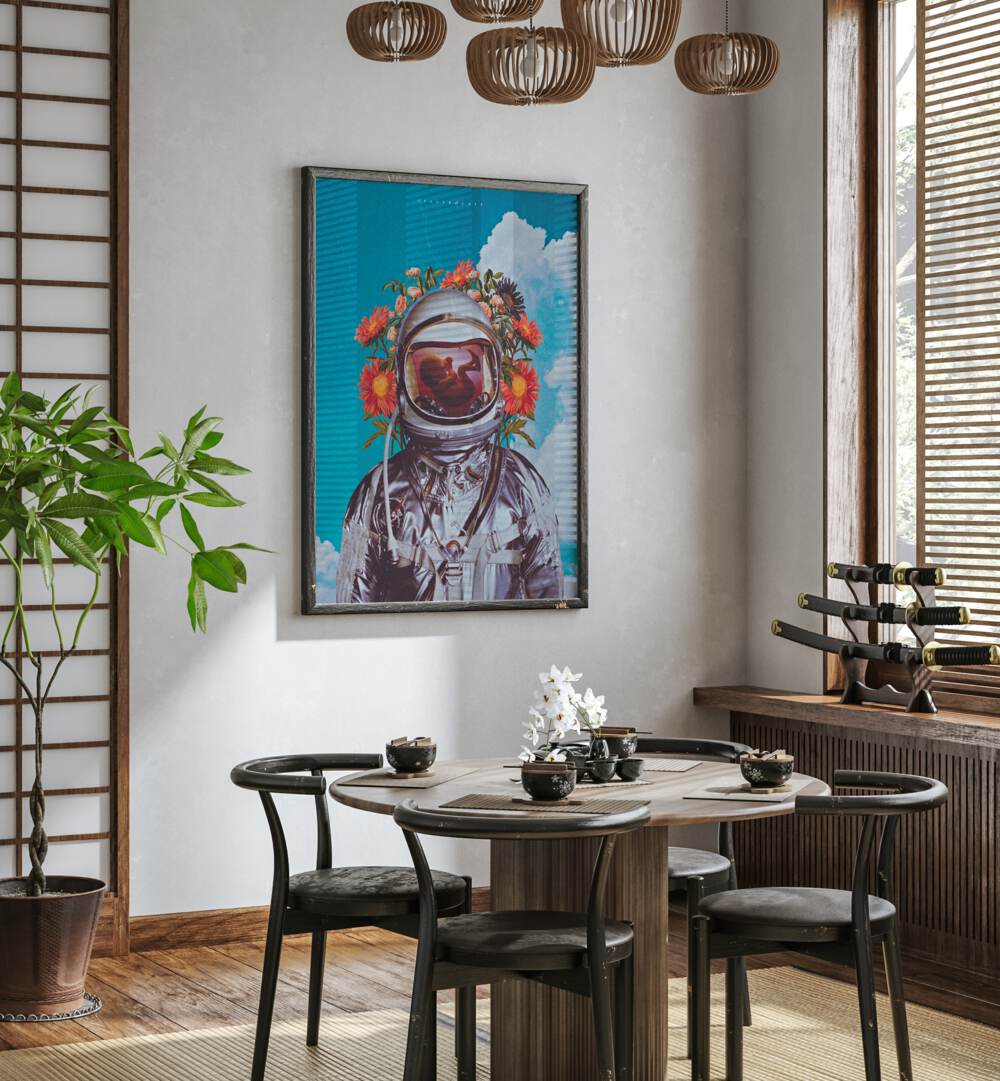 Whimsical ASTRONAUT BABY, SURREAL ART PRINTS bring joy and imagination to your space with vibrant colors and charm.