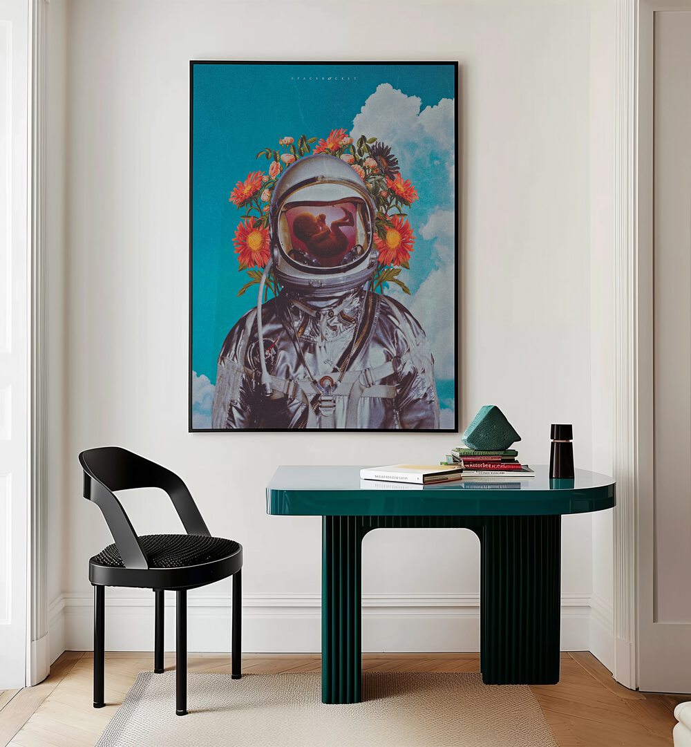 Whimsical ASTRONAUT BABY, SURREAL ART PRINTS featuring vibrant flowers and a dreamy backdrop for your space.