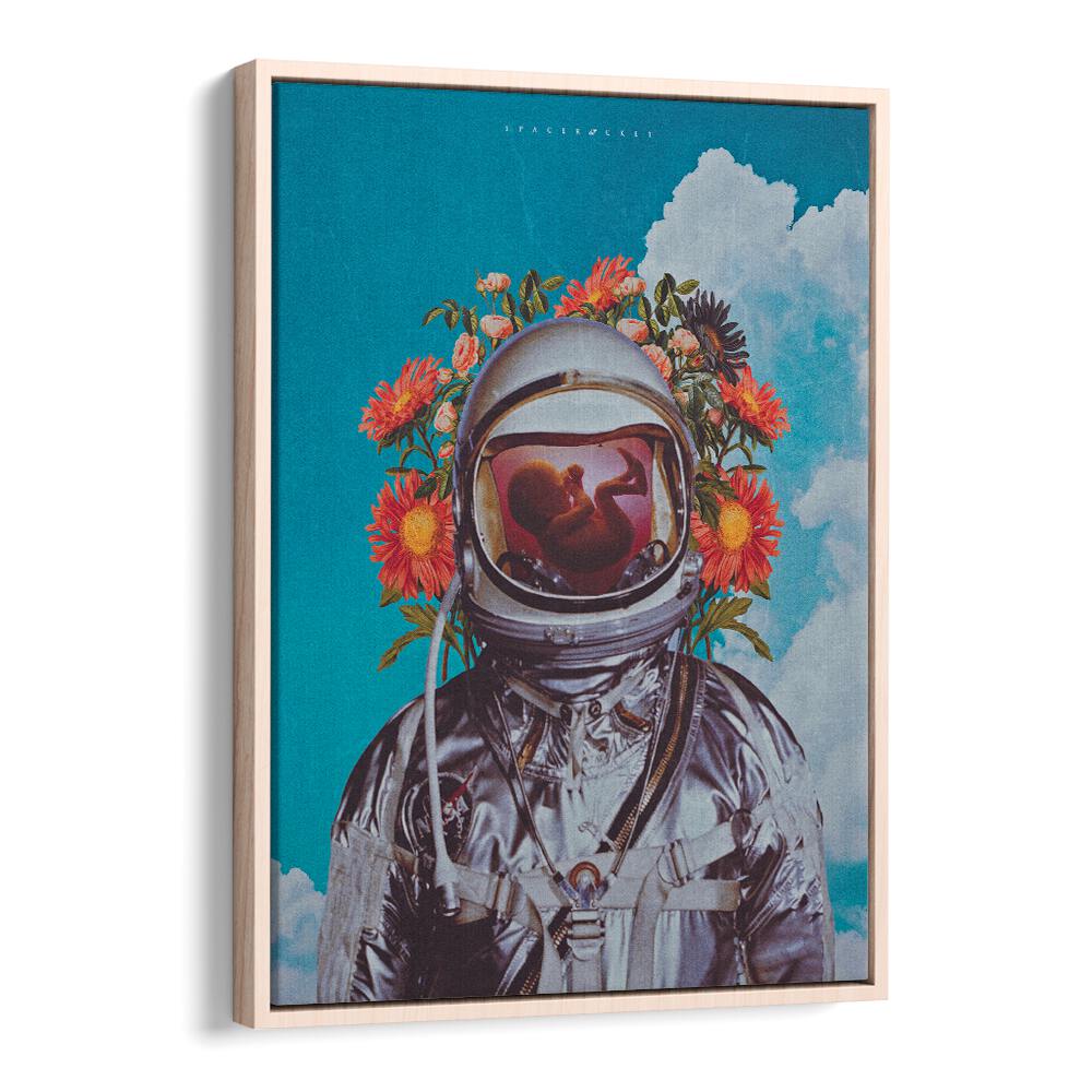 Whimsical ASTRONAUT BABY, SURREAL ART PRINTS feature a cosmic scene with flowers, perfect for unique decor.