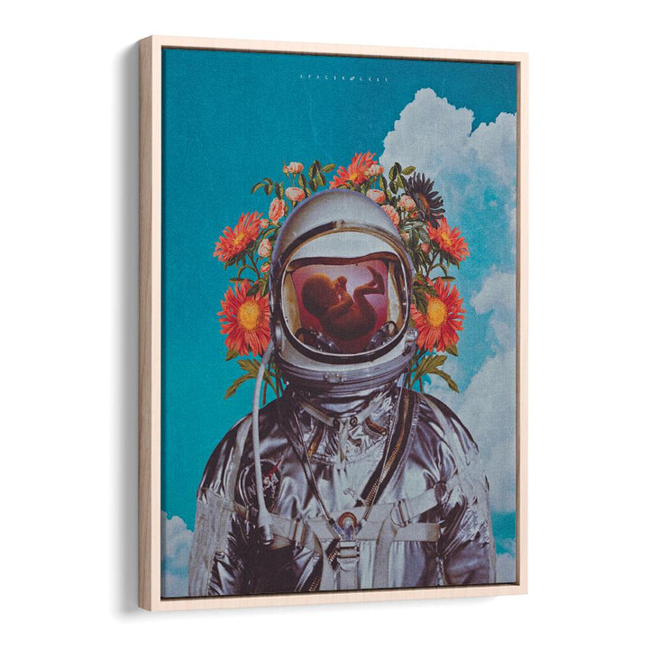 Whimsical ASTRONAUT BABY, SURREAL ART PRINTS feature a cosmic scene with flowers, perfect for unique decor.