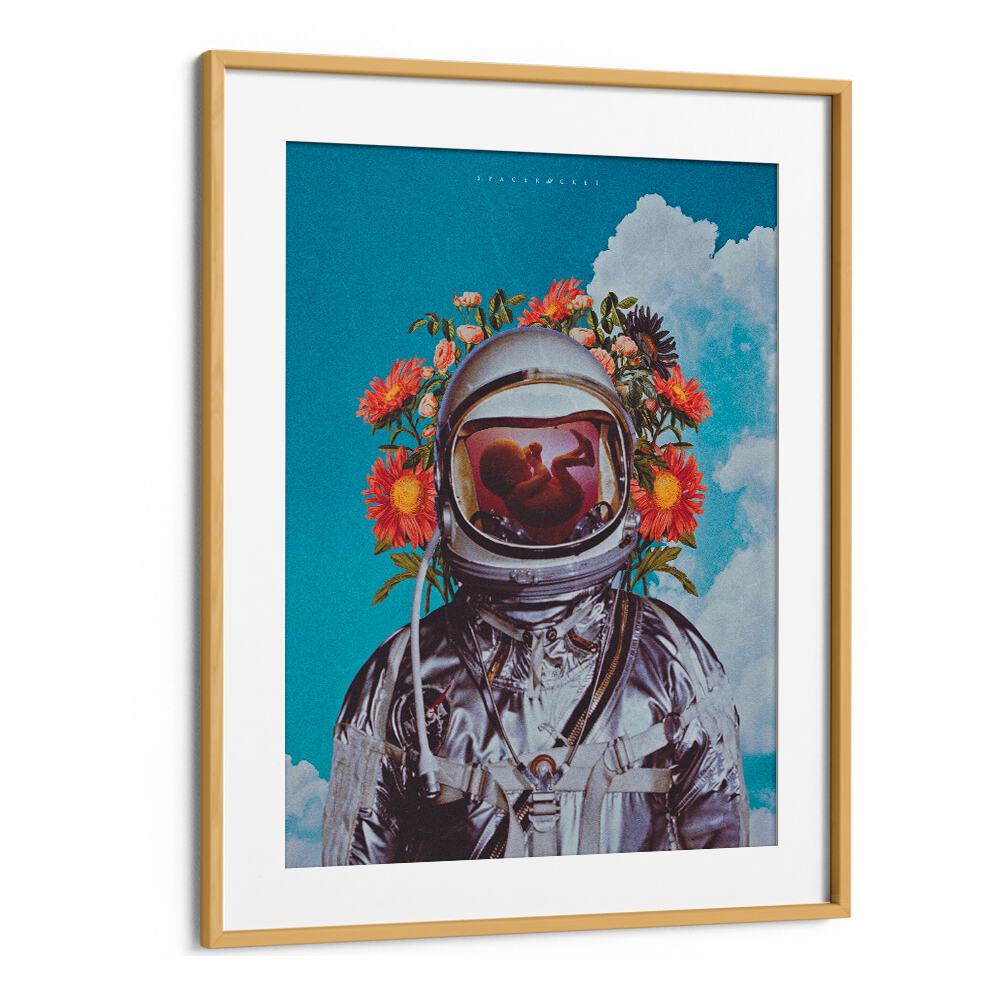 Whimsical ASTRONAUT BABY, SURREAL ART PRINTS with vibrant flowers, perfect for adding magic to your space.
