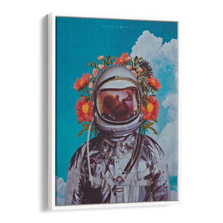 Whimsical ASTRONAUT BABY, SURREAL ART PRINTS featuring a cosmic scene with vibrant flowers, perfect for unique decor.