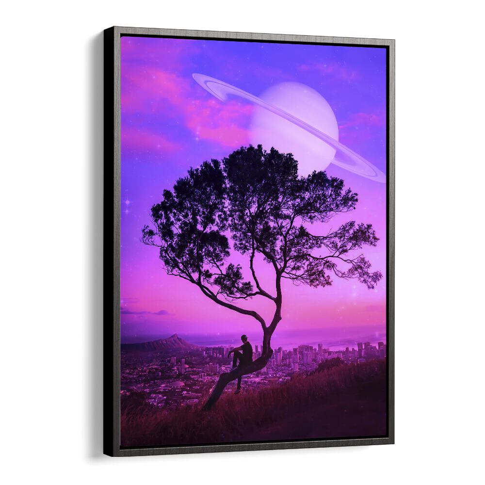 "AWAY FROM HOME, SURREAL ART PRINTS by Ritvik Takkar showcases a dreamlike landscape with vivid colors and a cosmic theme."