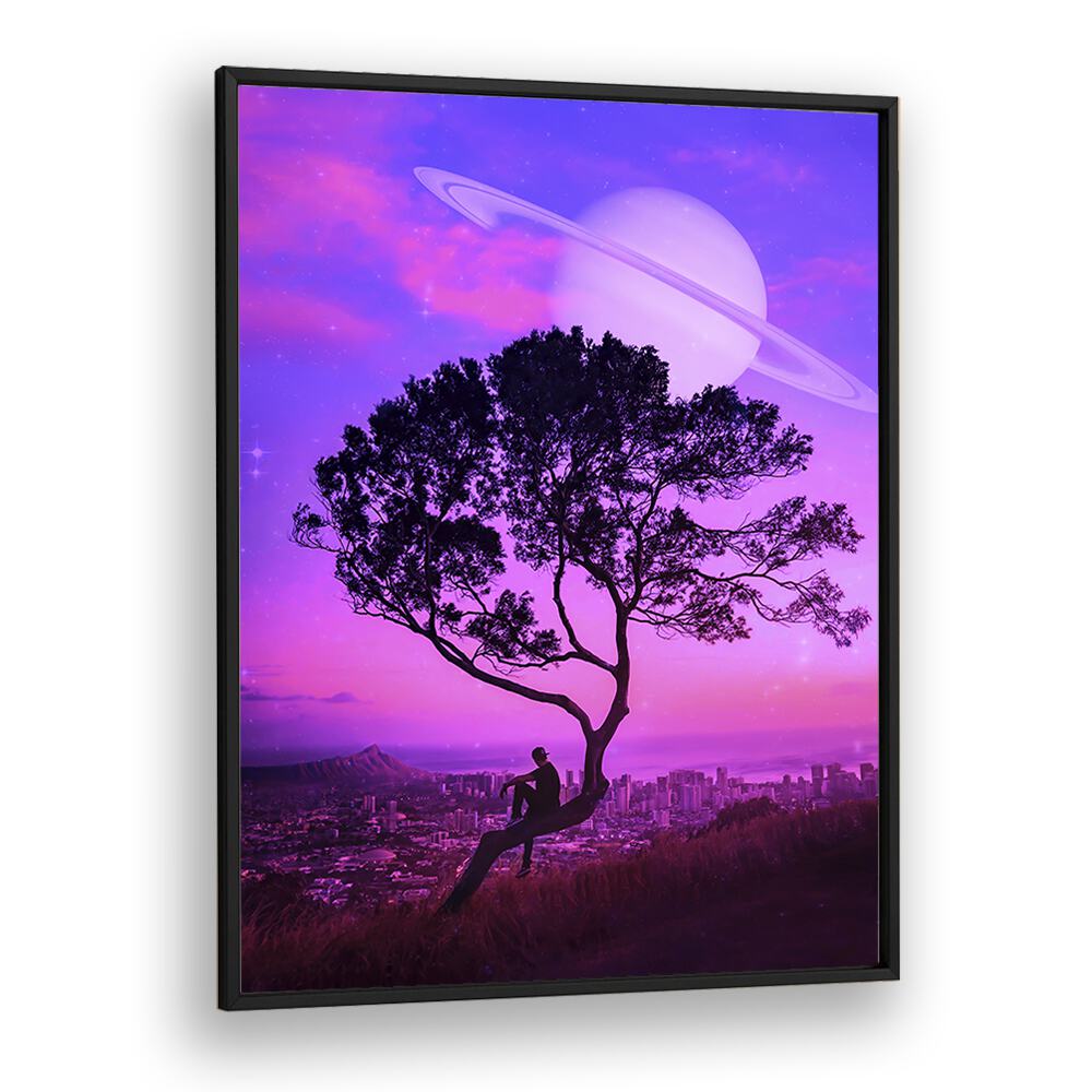 "AWAY FROM HOME, SURREAL ART PRINTS by Ritvik Takkar features a dreamlike scene with a tree and distant cityscape."