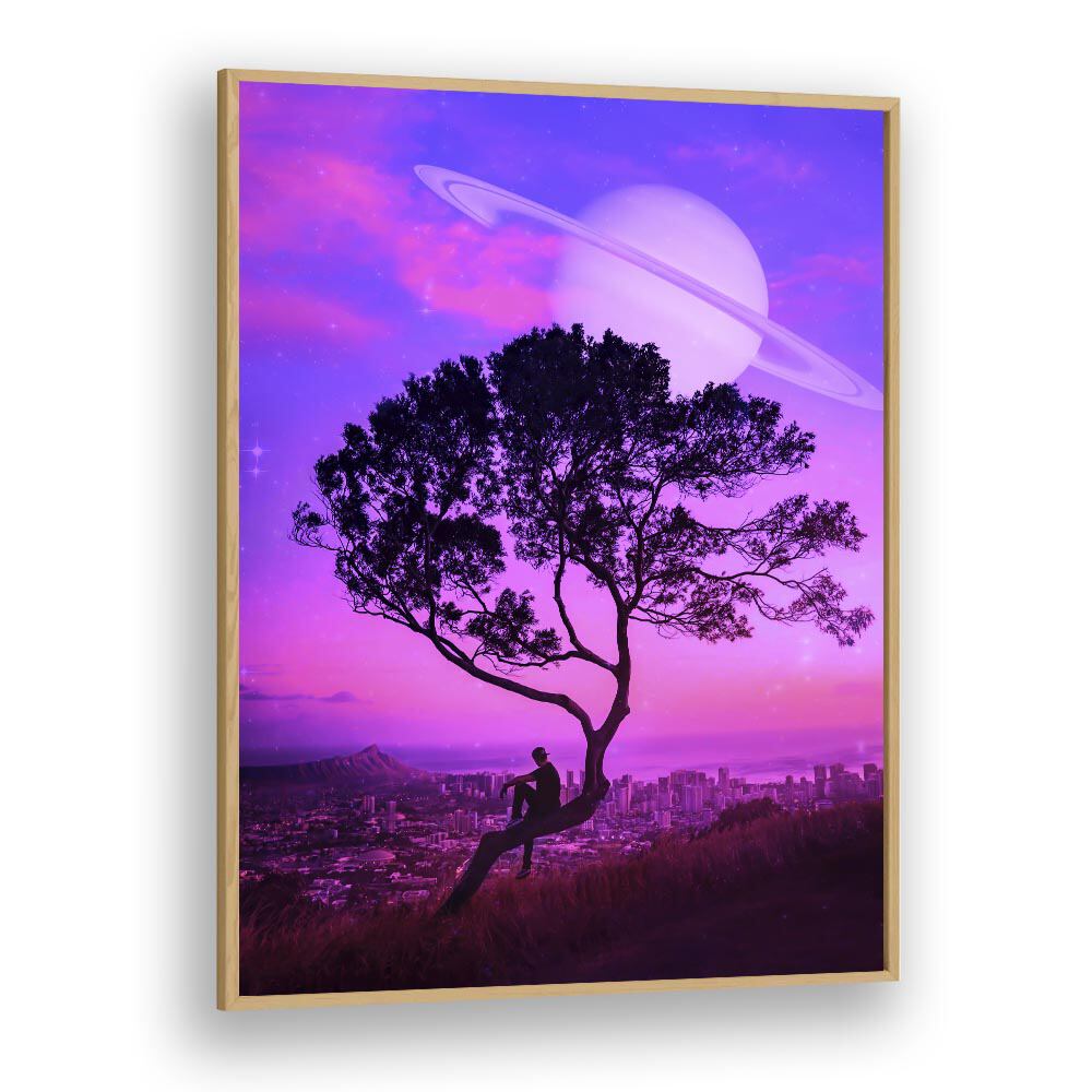 AWAY FROM HOME, SURREAL ART PRINTS by Ritvik Takkar features a dreamy landscape with vibrant colors and a cosmic theme.