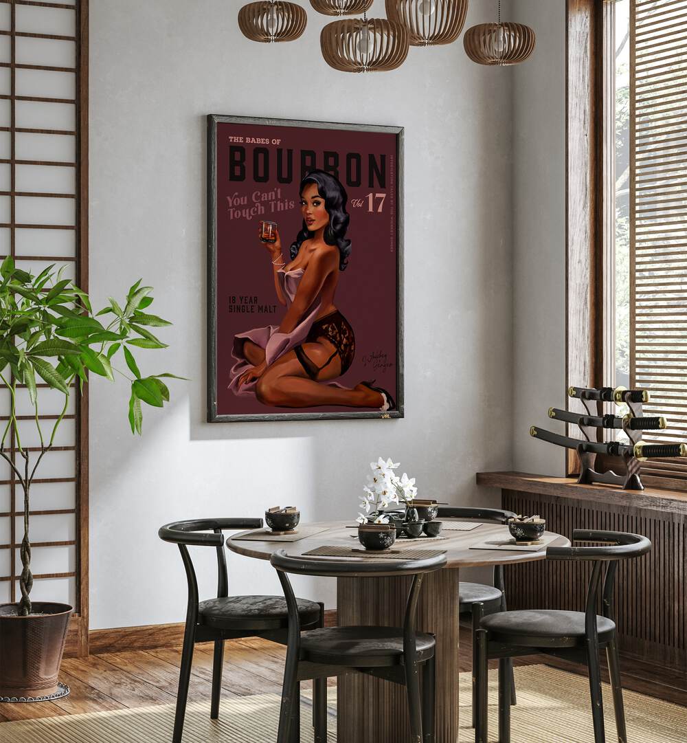 Retro pin-up art featuring the Babes of Bourbon III, BAR & CAFE, perfect for elevating your bar aesthetic.