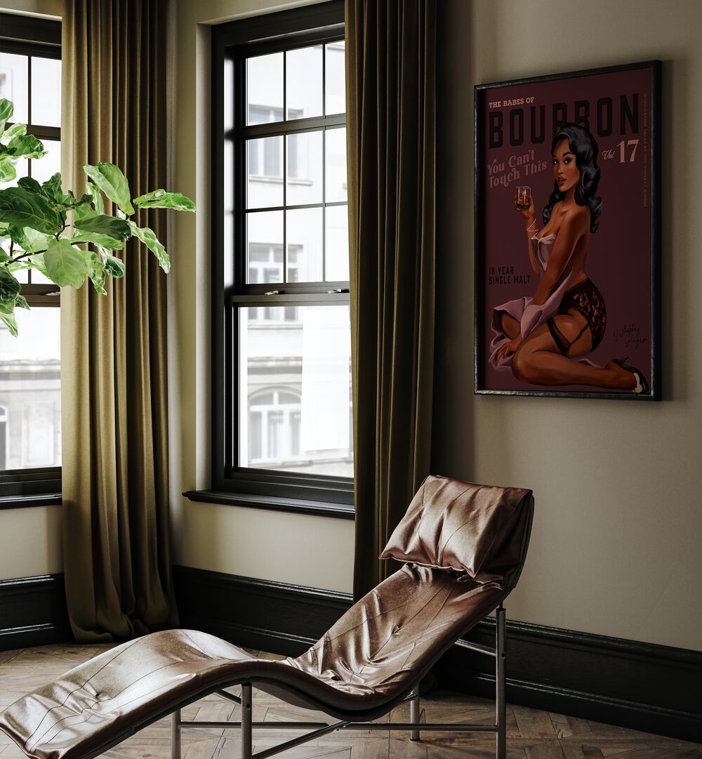 Enhance your space with the BABES OF BOURBON III, BAR retro pin-up art, perfect for any home bar aesthetic.