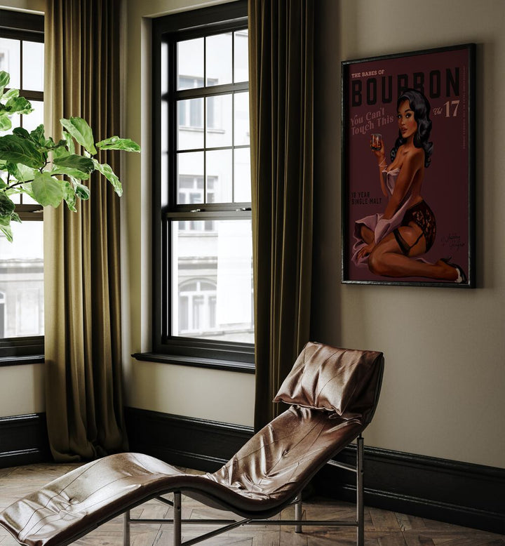 Enhance your space with the BABES OF BOURBON III, BAR retro pin-up art, perfect for any home bar aesthetic.