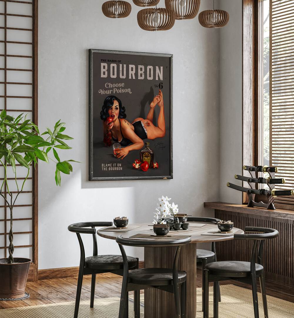Transform your space with BABES OF BOURBON, BAR art featuring a sexy pinup and captivating decor for any entertainment area.