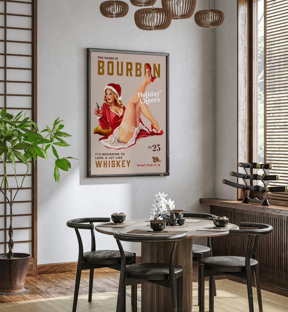 Transform your space with the BOURBON HOLIDAY, BAR art featuring festive pinup cheer and whiskey vibes.
