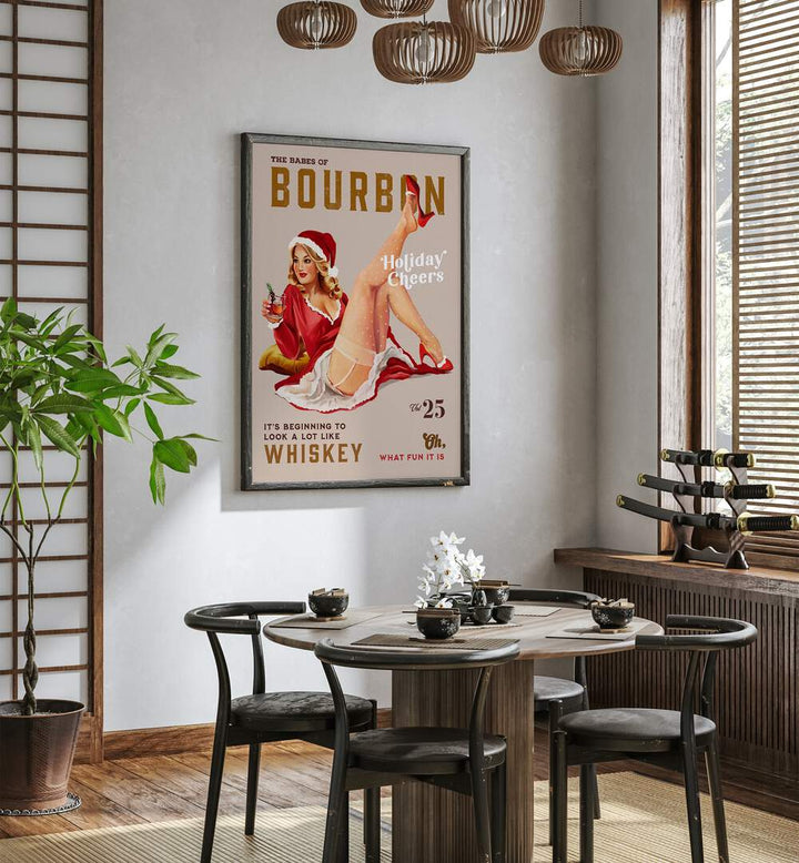 Transform your space with the BOURBON HOLIDAY, BAR art featuring festive pinup cheer and whiskey vibes.