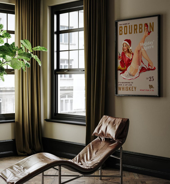 Transform your space with BOURBON HOLIDAY, BAR art featuring festive pinup cheer and vintage charm.