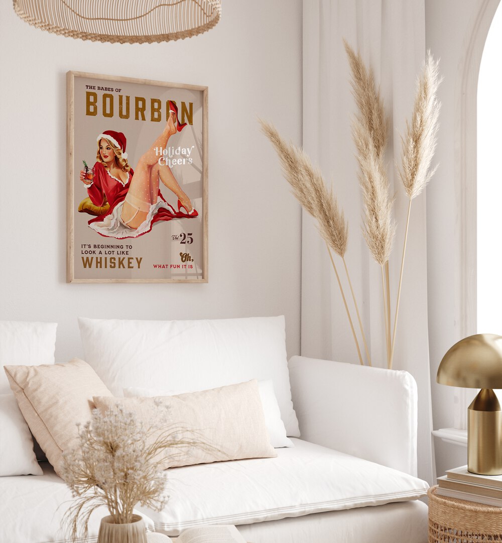 Charming BOURBON HOLIDAY, BAR art print adds festive cheer to your space with a beautiful Christmas pinup design.