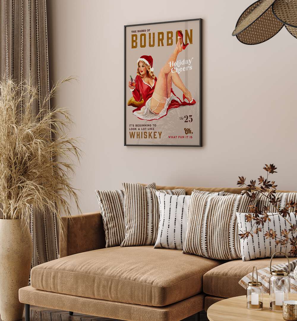 Festive BOURBON HOLIDAY, BAR poster featuring a cheerful pinup, perfect for your holiday decor. Add charm to any space!