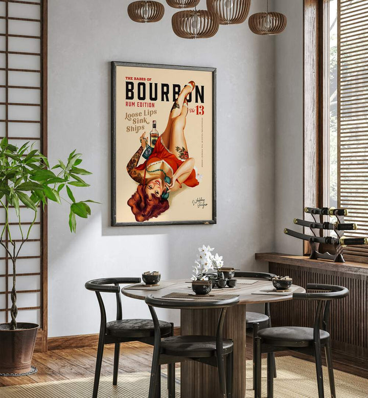 Stylish pinup girl art for your bar, featuring BABES DRINKING RUM, BAR & CAFE design from Babes of Bourbon.