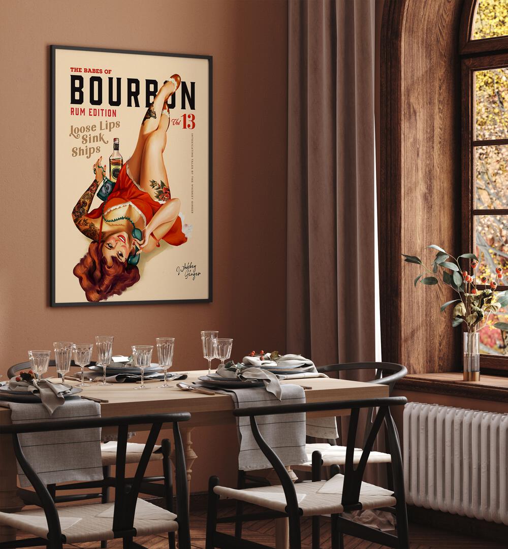 Babes drinking rum, bar art featuring a playful pinup girl, perfect for elevating your home décor.