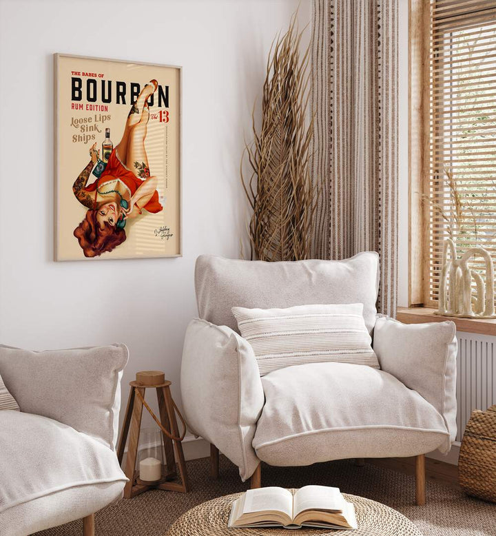 Captivating BABES DRINKING RUM, BAR art enhances your space with a stylish pinup girl design from Babes of Bourbon.