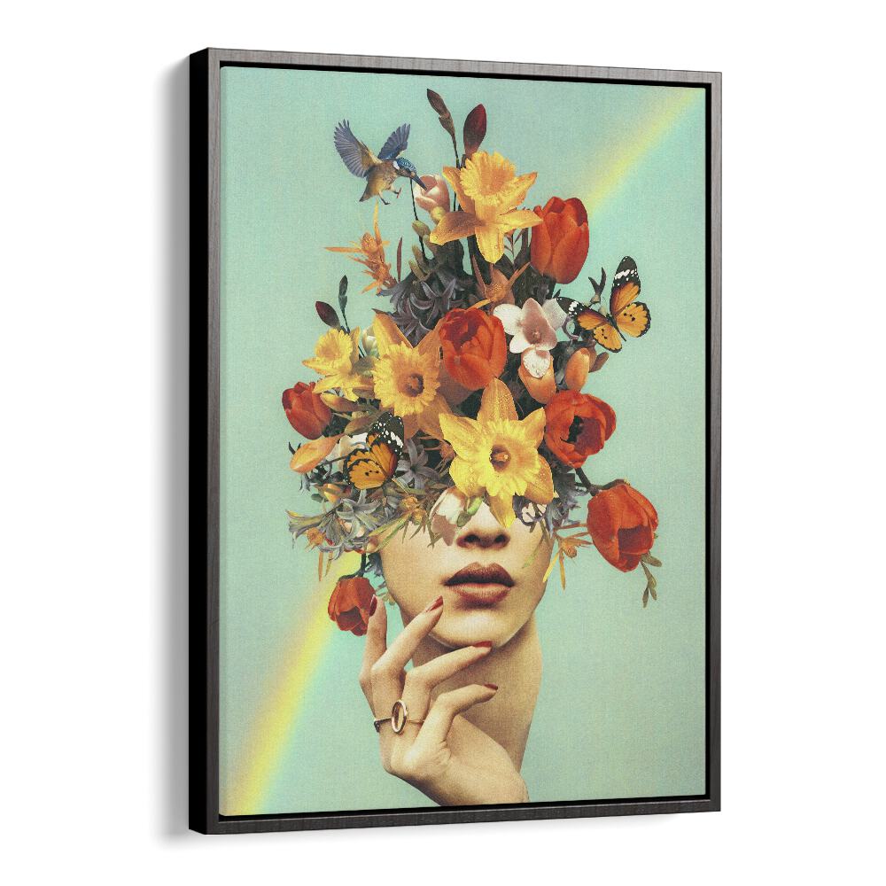 Colorful floral surreal painting featuring a woman's face, titled "BABY IN BLOOM - RAINBOW SURREAL PAINTING, SURREAL ART."