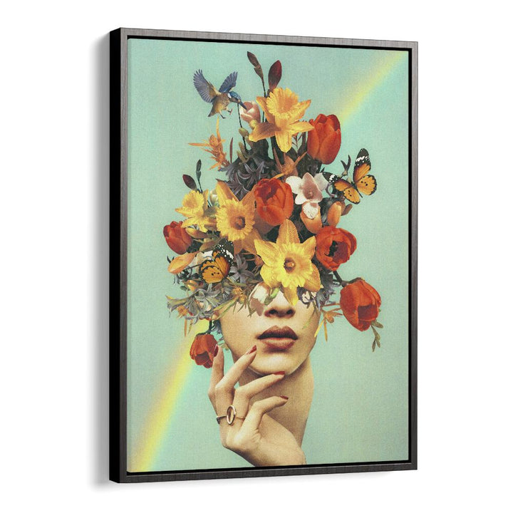 Colorful floral surreal painting featuring a woman's face, titled "BABY IN BLOOM - RAINBOW SURREAL PAINTING, SURREAL ART."