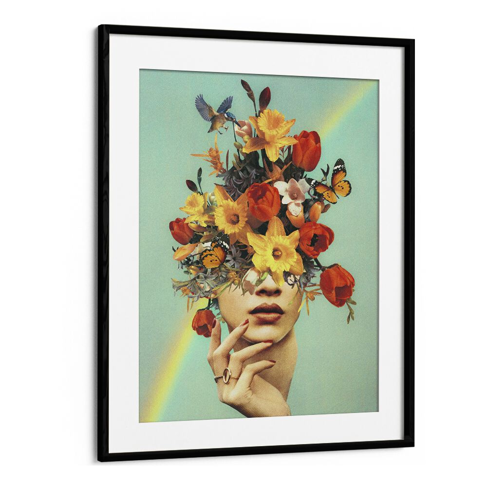 Colorful flowers burst from a surreal figure in "BABY IN BLOOM - RAINBOW SURREAL PAINTING, SURREAL ART" by Vertigo Artography.