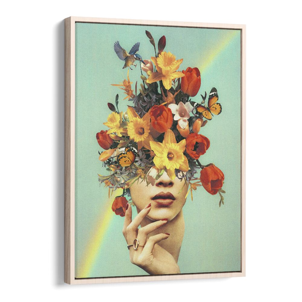 Colorful surreal art featuring flowers and butterflies in "BABY IN BLOOM - RAINBOW SURREAL PAINTING, SURREAL ART".