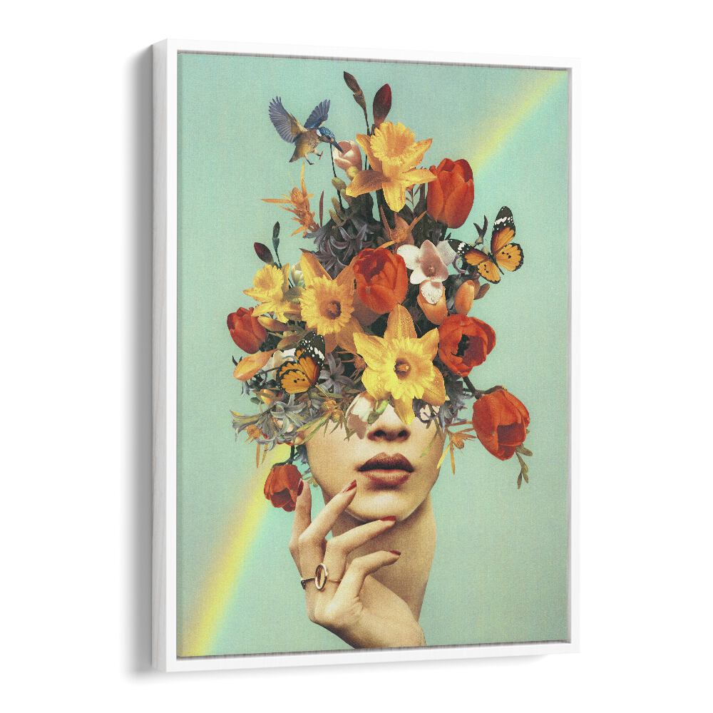 Colorful flowers and butterflies burst from a woman's head in "BABY IN BLOOM - RAINBOW SURREAL PAINTING, SURREAL ART."
