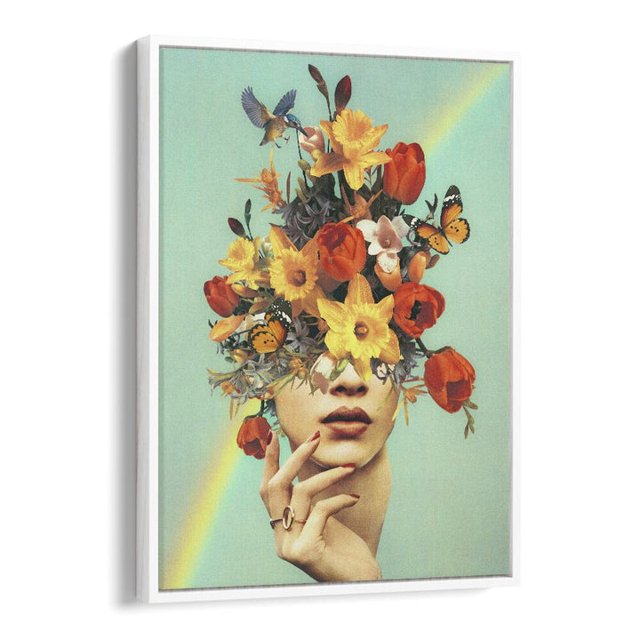 Colorful flowers and butterflies burst from a woman's head in "BABY IN BLOOM - RAINBOW SURREAL PAINTING, SURREAL ART."