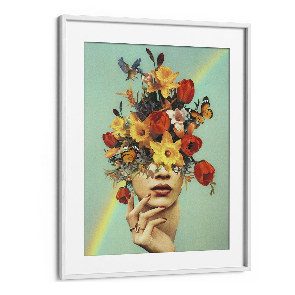 Colorful surreal art featuring flowers and butterflies in "BABY IN BLOOM - RAINBOW SURREAL PAINTING, SURREAL ART".