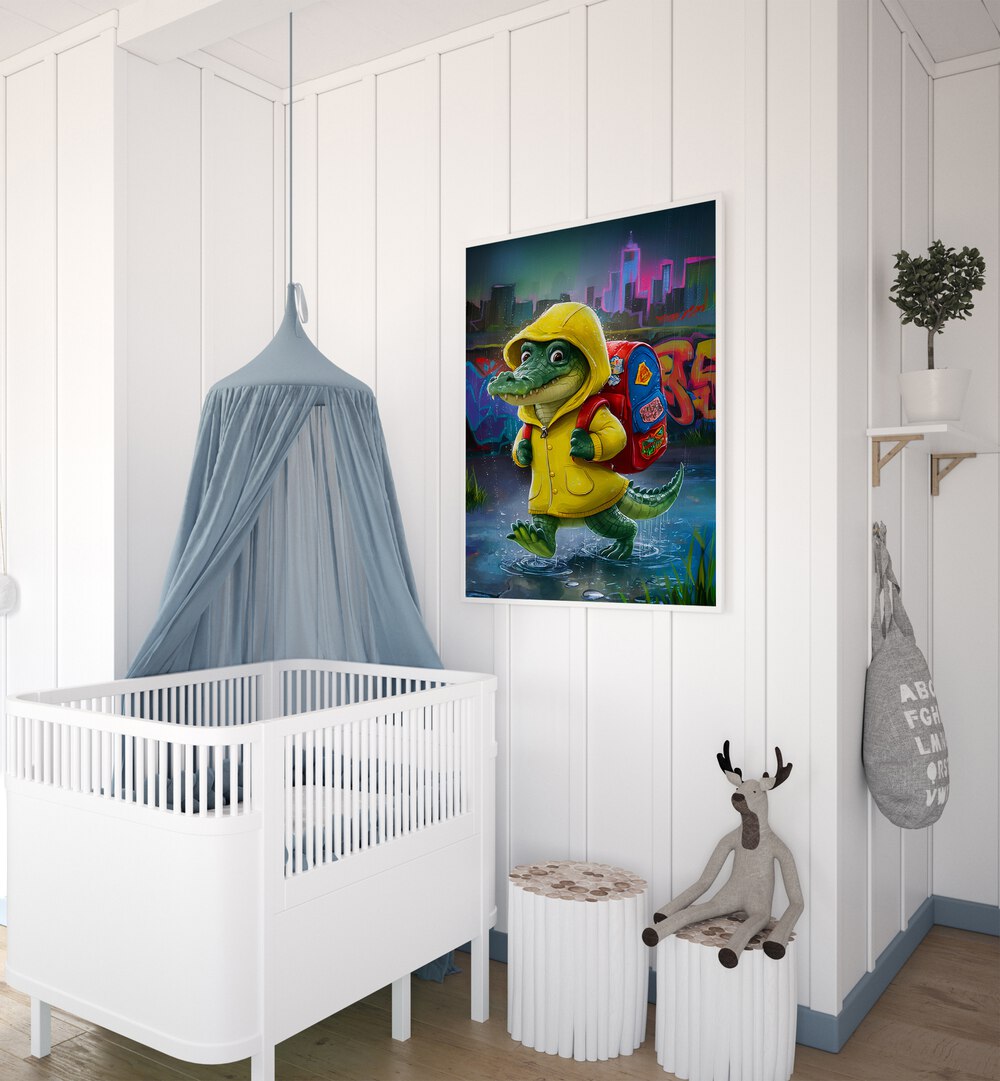 Delightful BABY CROCODILE, COMIC POSTERS brighten kids' rooms, featuring a charming crocodile ready for school.