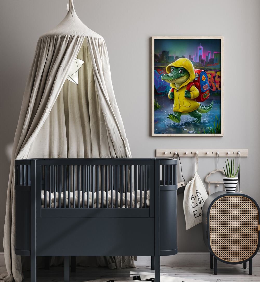 Brighten your child's room with the BABY CROCODILE, COMIC POSTERS, featuring a charming crocodile ready for school.