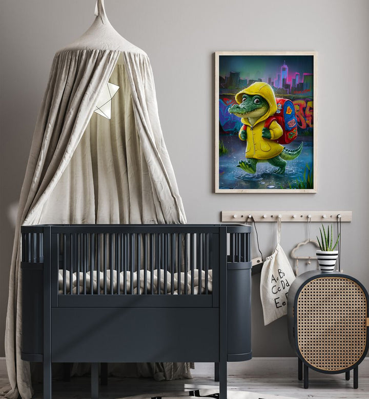 Brighten your child's room with the BABY CROCODILE, COMIC POSTERS, featuring a charming crocodile ready for school.