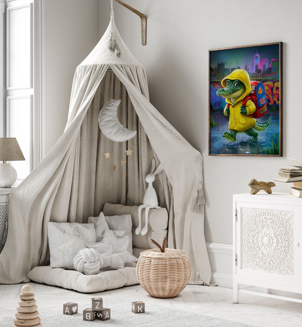 Enchanting BABY CROCODILE, COMIC POSTERS brighten kids' rooms, showcasing a fun, school-ready crocodile design.