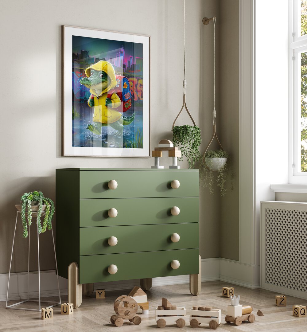 Colorful BABY CROCODILE, COMIC POSTERS brighten a child's room, featuring a school-ready crocodile by Andreas Magnusson.