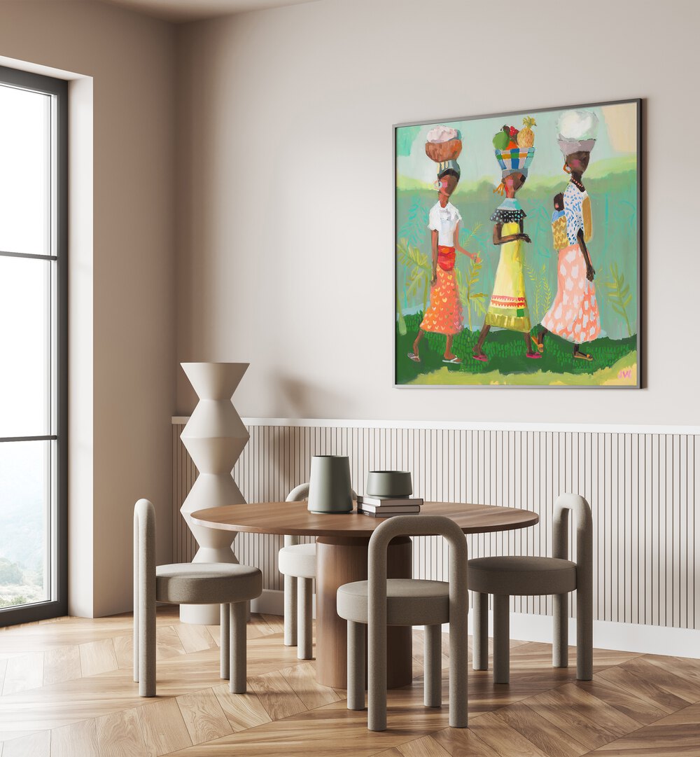 Colorful artwork from BACK FROM THE MARKET, PORTRAITS showcases vibrant figures in a modern interior setting.