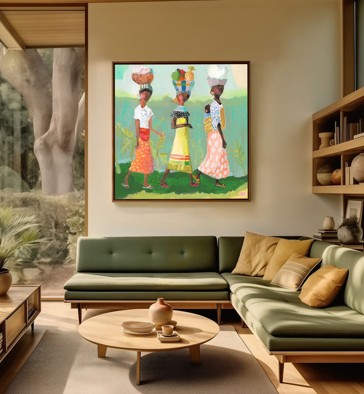Colorful figurative art showcasing “BACK FROM THE MARKET, PORTRAITS” in a stylish living room setting.