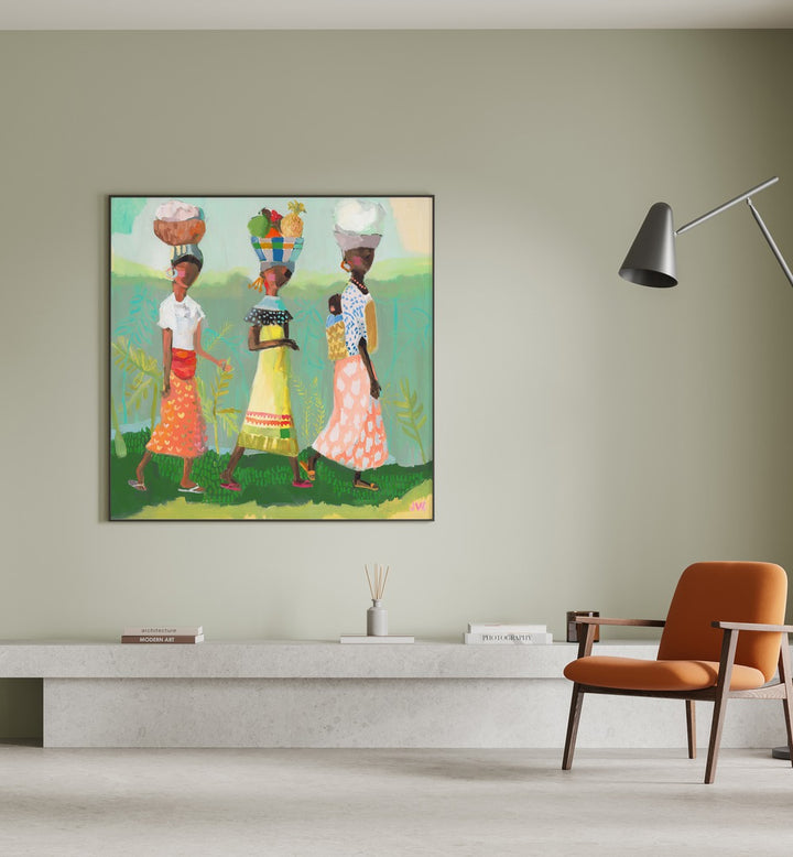 Colorful figurative art titled "BACK FROM THE MARKET, PORTRAITS" showcasing women carrying baskets in vibrant attire.
