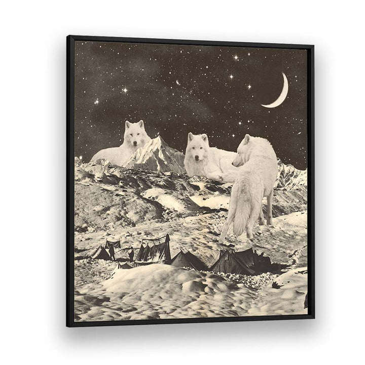 Majestic giant white wolves in a surreal landscape, perfect for art lovers. Explore GIANT WHITE WOLVES, SURREAL ART PRINTS.