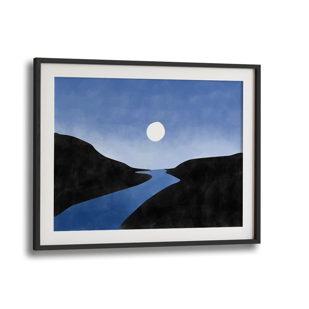 Stunning BLUE VALLEY I, LANDSCAPE PAINTINGS by Elena Ristova, showcasing serene nature with a tranquil river and blue hues.