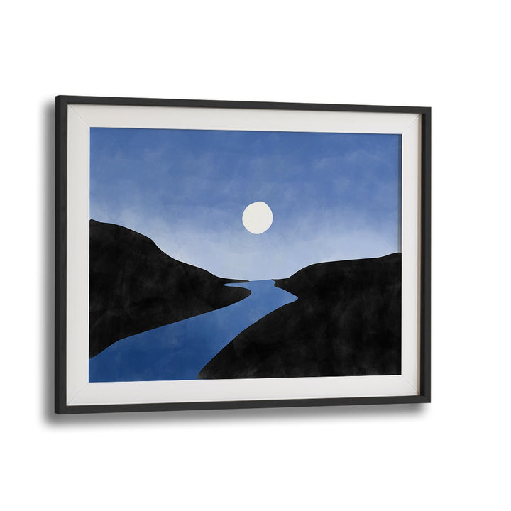 Stunning BLUE VALLEY I, LANDSCAPE PAINTINGS by Elena Ristova, showcasing serene nature with a tranquil river and blue hues.