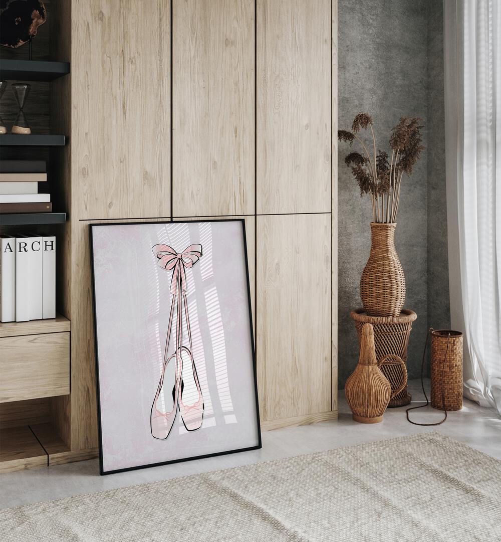 Delicate pink ballerina shoes with ribbons in a stylish frame, perfect for fashion posters by Martina.