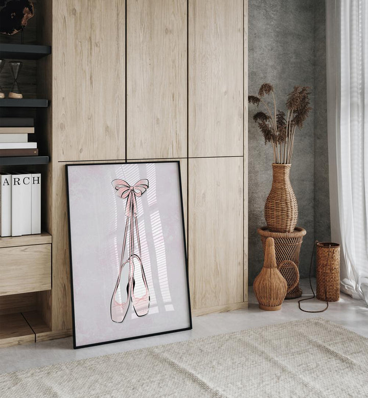 Delicate pink ballerina shoes with ribbons in a stylish frame, perfect for fashion posters by Martina.
