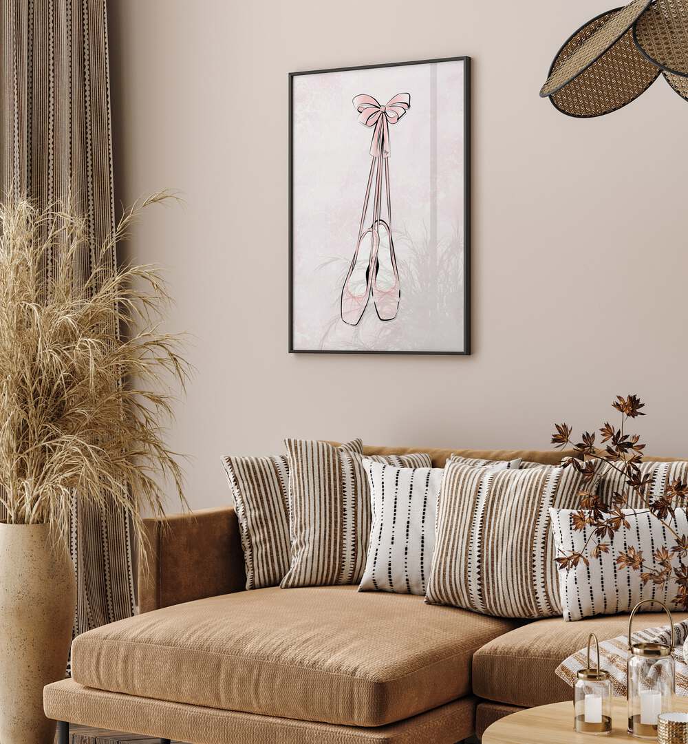 Delicate pink ballerina shoes with ribbons, featured in Martina's fashion posters to enhance your space's elegance.
