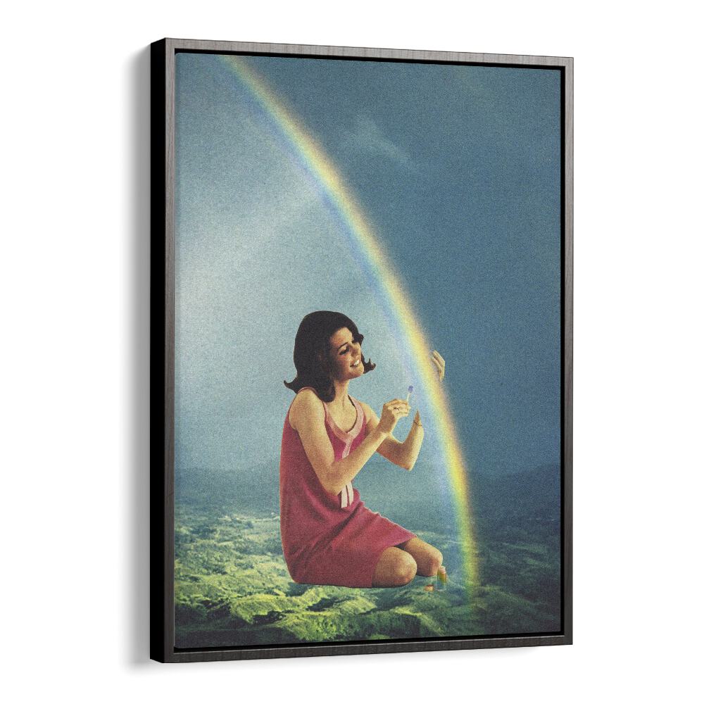 Balming the Rainbow, surreal art prints featuring a woman painting a rainbow, perfect for any art collection.