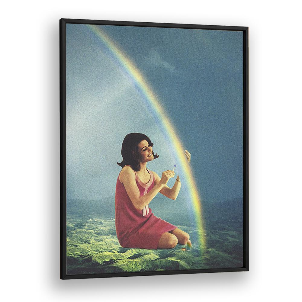 Balming The Rainbow, Surreal Art Prints by Vertigo Artography, features a woman interacting with a vibrant rainbow.