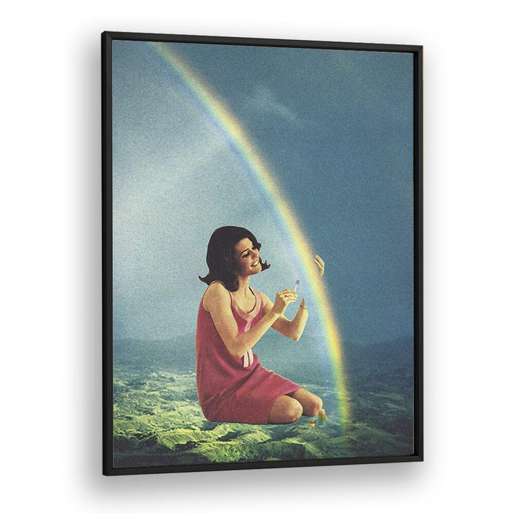 Balming The Rainbow, Surreal Art Prints by Vertigo Artography, features a woman interacting with a vibrant rainbow.