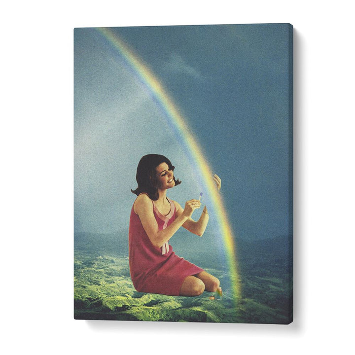 Balming the Rainbow, surreal art prints by Vertigo Artography, showcase a woman creating a vibrant rainbow.