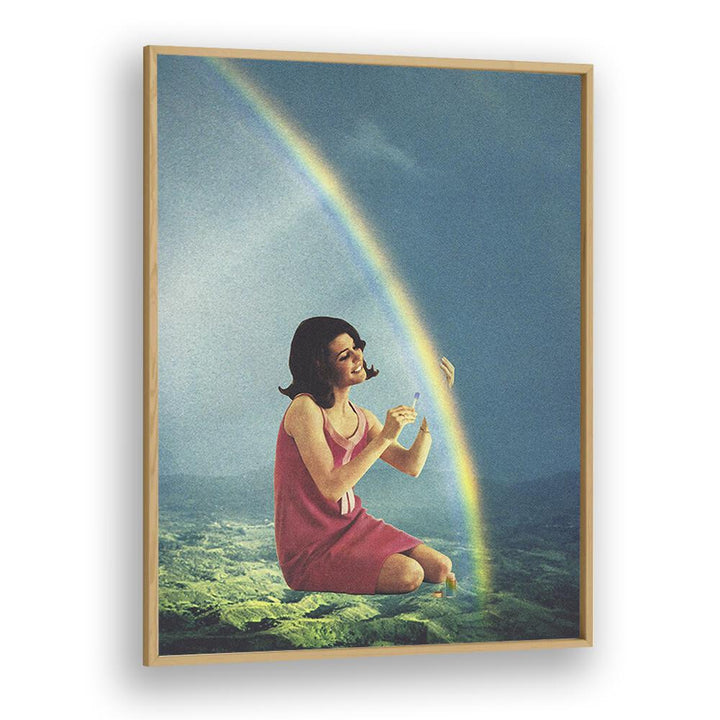 Balming The Rainbow, Surreal Art Prints showcases a woman interacting with a vibrant rainbow, perfect for art lovers.
