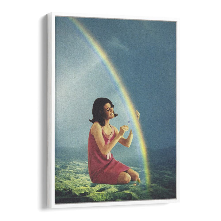 Balming The Rainbow, Surreal Art Prints by Vertigo Artography, features a captivating scene with a woman and a rainbow.