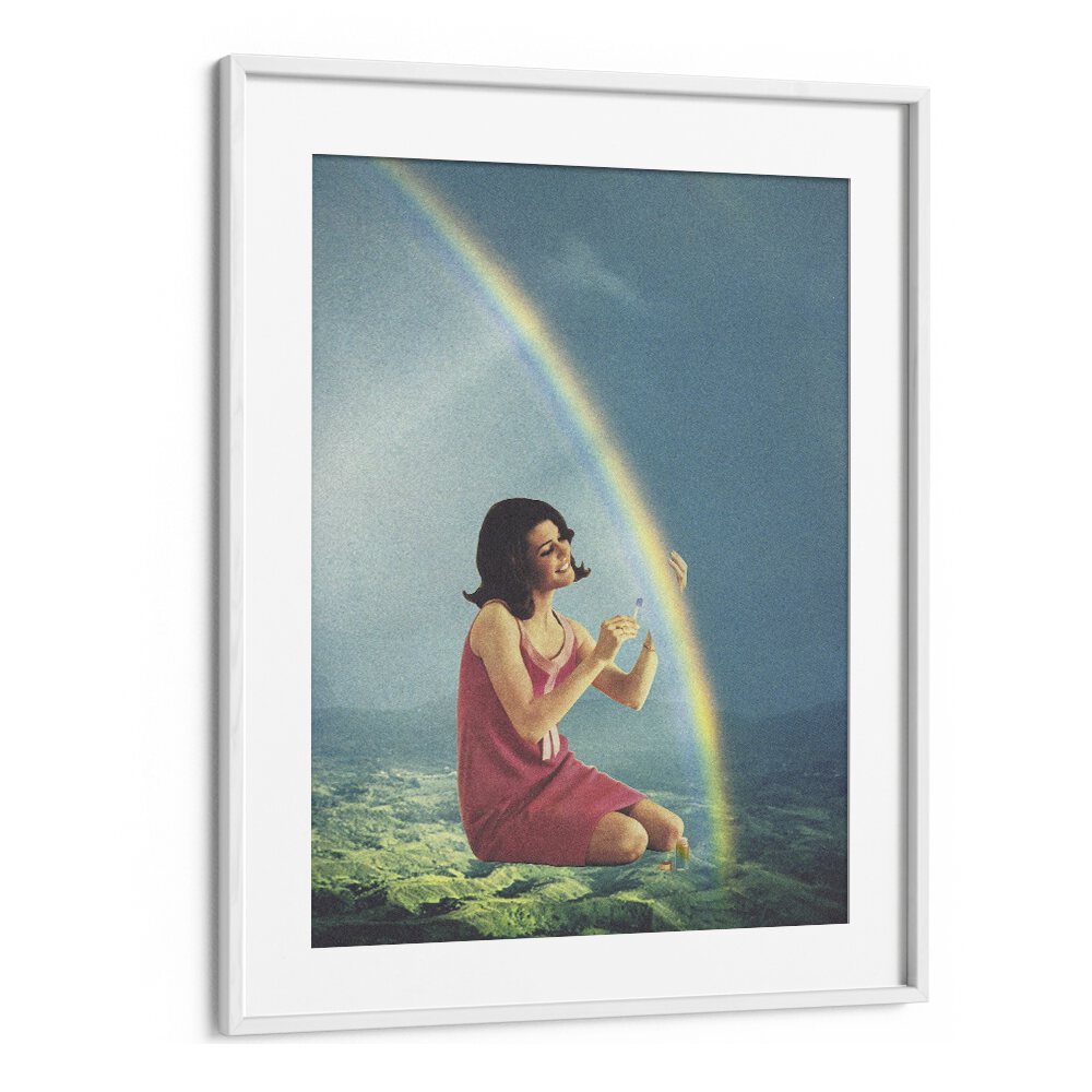 Balming the Rainbow, Surreal Art Prints by Vertigo Artography, features a woman interacting with a vibrant rainbow.